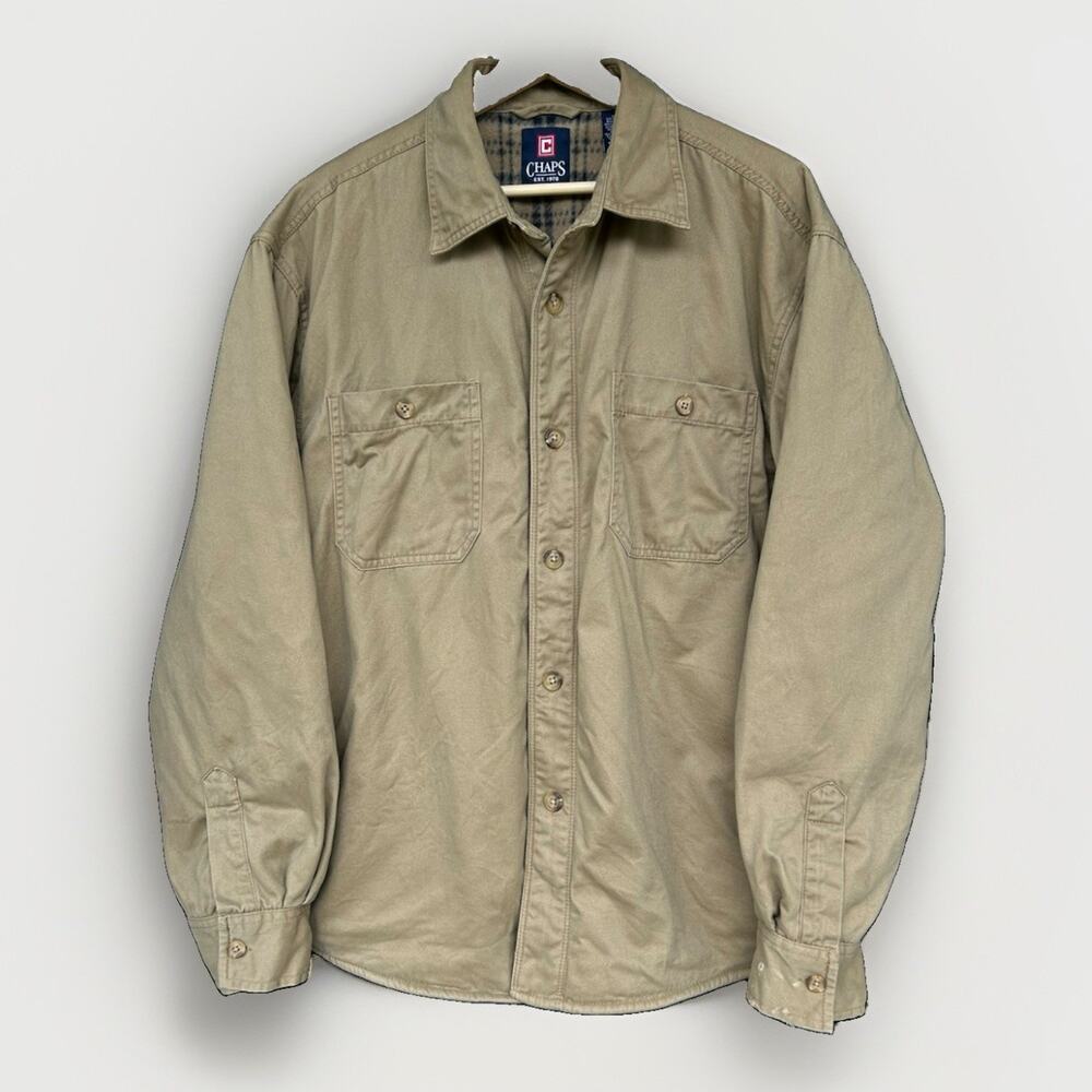 Chaps Flannel Lined Shirt Jacket Men's Large Workwear Barn Chore Khaki Cabincore